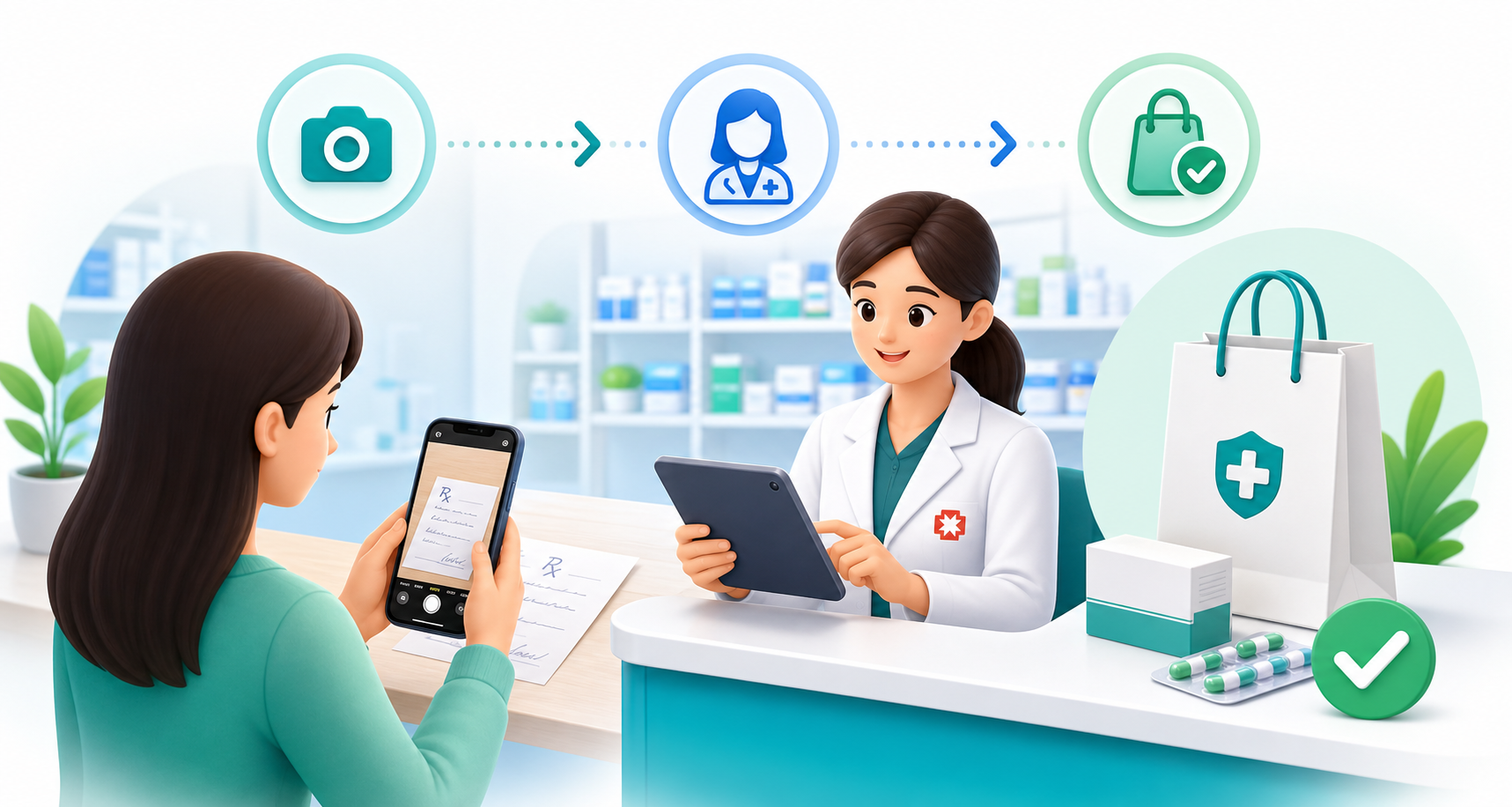 Minh họa quy trình gửi đơn thuốc và nhận tư vấn từ dược sĩ